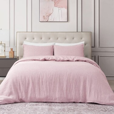 DAPU Pure Linen Duvet Cover Set, 100% Yarn-Dyed French Linen, Breathable and Durable for Hot Sleepers, 1 Duvet Cover and 2 Pillowcases (Smokey Pink, King)