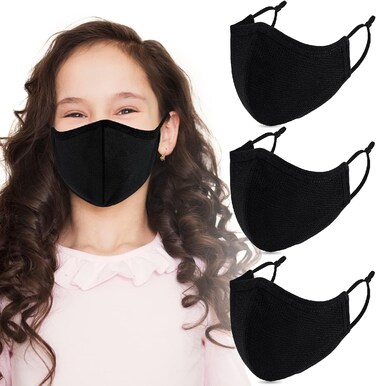 Breathable 3-Ply Cloth Face Mask Reusable Adjustable Ear Loops, Washable Black Cotton Masks for Teens/Small Face Women (Pack of 4) (Black)
