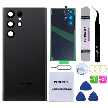 Perzework Rear Back Glass Replacement for Samsung Galaxy S22 Ultra 6.8 inches 5G with Reparing Toolkit and Pre-installed Adhesive (Phantom Black)