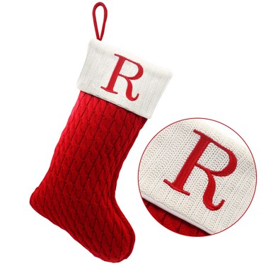 ZOEA 20 Inches Christmas Stockings with Initials, Large Embroidered Letter Knit Christmas Stocking for Family Holiday Decorations and Xmas Gift (R, Red)