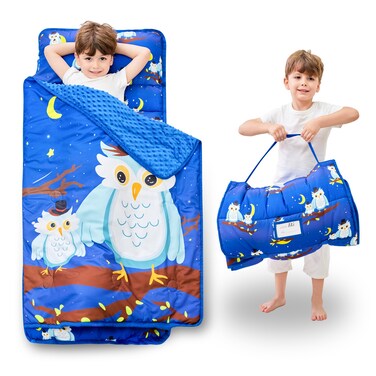 Lasoftan Toddler Nap Mat with Pillow and Blanket, Extra Large Rolled Napping Mats,Toddler Nap mats for Boys Girls, Kids Sleeping Mat for Daycare, Preschool Travel Camping, Owl