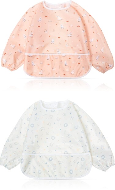 Little Dimsum Mess-Proof Baby Bibs Infant Toddler Long Sleeve Waterproof Feeding Art Smock Catching Food &amp; Wipe Clean  Pack of 2 Colors(mouse&amp;alpaca)