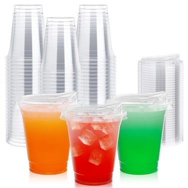Lilymicky [100 PACK] 12 oz Clear Plastic Cups With Strawless Sip Lids, Disposable Plastic Cups With Sip Through Lids for Ice Coffee, Smoothie, Slurpee, or Any Cold Drinks
