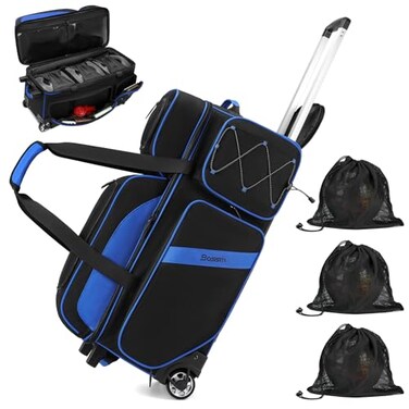 BOSSTIN 3 Ball Bowling Bags with Wheels, Bowling Ball Bag with Secure Velcro Fixed Ball Cup &amp; Shoe Compartment (Fits Up to Size 16),Bowling Ball Bag 3 Ball Roller with Multi-Pockets (Blue)