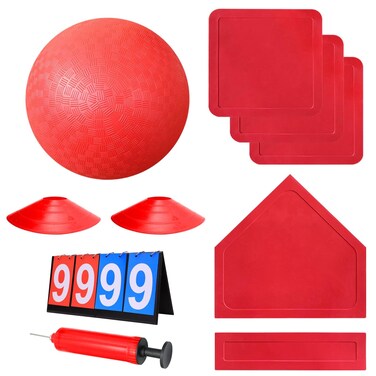 Fancemot Kickball Set with Bases and Ball - 8.5" Kickball, Rubber Throw Down Bases, Sports Traning Cones, 7" Pump and 14" Scoreboard - Perfect for Playground and Backyard Game (Red)