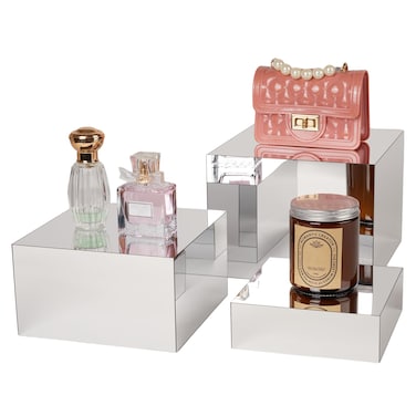 Jolboldy 3 Pcs Acrylic Risers for Display, Acrylic Cube Box, Acrylic Food Display Risers Acrylic Boxes Stand Shelf for Catering Dessert Collectibles Jewelry Figures Party (Silver3pc)