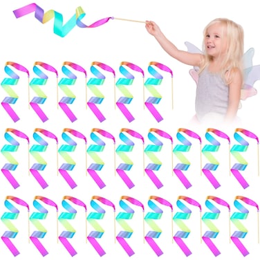 Halloscume Mini Dance Ribbons for Kids Rainbow Streamer Wand Silk and Wood Rainbow Twirler Stick Long Twirling Dance Accessories Rhythmic Gymnastics Training Equipment for Artistic Dancing(24 Pcs)