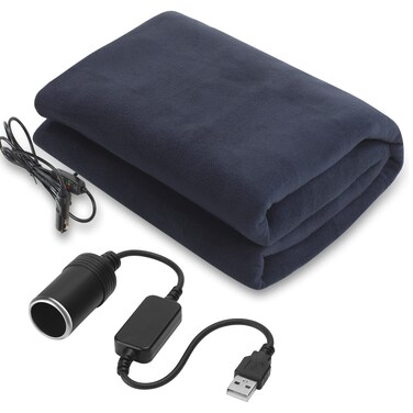 Tuanse Car Electric Blanket 12v Heated Car Blanket with Temperature Controller, USB Adapter, Car Outlet Adapter for Car, Cold Weather Tailgating and Emergency Kit(Navy Blue,Blank)