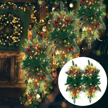 Lyrow 4 Pack Christmas Artificial Swags 24" Xmas The Cordless Prelit Stairway Swag Teardrop Trim Wreath Door Stair Swag Garland Christmas Swags for Outdoor Home Garden Decor(Green,Elegant Style)