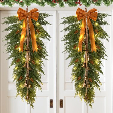 Hungdao 2 Pack 36" Large Christmas Pine Teardrop Cedar Swag with Lights Velvet Bells Bow and Faux Pine Cones Rustic Christmas Artificial Greenery Swag Wreath for Xmas Farmhouse Home Wall Decor(Brown)