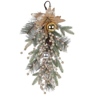 Rzoukler Christmas Teardrop Swags, 20 Inch Artificial Pine Cone Needles Teardrop Wreath with Berries, Ball Ornaments, Poinsettia Swag Garlands for Front Door Window Table Door Decor(Champagne)