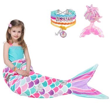 Mermaid Tail Blanket - Wearable Mermaid Soft Blanket with Glitter Stars Sequin Hairpin Bracelet for Girls Teens Pink Soft Flannel Snuggle Blanket 55&rsquo;&rsquo; x 24&rsquo;&rsquo; Gift for Birthday Christmas