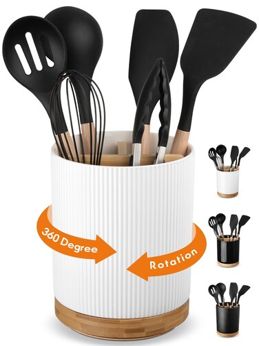 LoeJan 3 Compartment Utensil Holder, Extra Large Utensil Crock, Stable Ceramic Utensil Organizer, Cooking Tool Organizer Set for Kitchen Counter Farmhouse Decor (A-White(Vertical Stripe))
