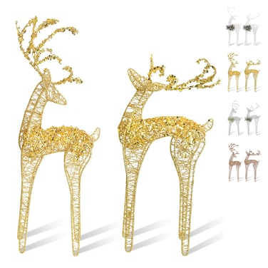 ZHANYIGY 2pc Set White Bead Gold Winding Thread String Christmas Reindeer Figurine Table Desk Decorations Glittering Xmas Holiday Party Supply