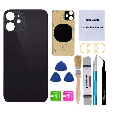 Perzework OEM Rear Back Glass Replacement for iPhone 12 6.1 inches with Reparing Toolkit and Pre-Installed Adhesive (Black)