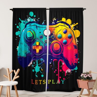 Yilinata Video Game Curtains for Kids Boys Girls Gamer Themed Teen Gaming Room Playroom Rod Pocket Drapes Home Living Room Bedroom Decor Durable Fabric 84 in X 84 in
