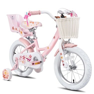 JOYSTAR Unicorn 14 Inch Kids Bike for 3 4 5 Years Girls with Doll Bike Seat Children Princess Bike with Training Wheels Basket Streamer Toddler Girl Bikes Pink