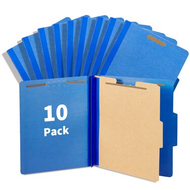 Binditek 10 Pack Pressboard Classification Folder, 1 Divider File Folder for Letter Size, 2 Inch Tyvek Expansions, 2&quot; Embedded Fasteners, 2 Prongs Design, Dark Blue