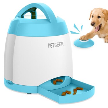 PETGEEK Automatic Treat Dispenser with Remote Button - Puzzle Memory Training Activity Toy- IQ Training Feeder for Dogs &amp; Cats, Best Gift for Birthday, Thanksgiving, Christmas, New Year (Blue)