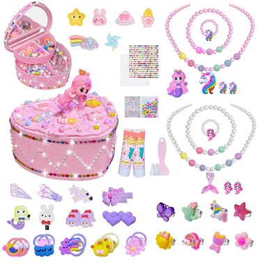 FAMOPLAY Kids Jewelry for Girls with DIY Jewelry Box,Little Girls Jewelry Princess Dress Up Jewelry Set Includes Necklaces,Rings,Bracelets,Hair Ties,Hair Clips Gift Toys for Age 4 5 6+ Girls