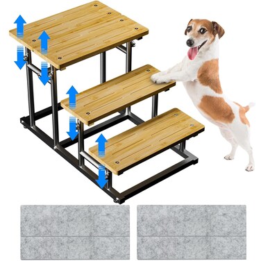 4-Tier Adjusted 4 or 3 Ladder Dog Step Pet Stairs for High Bed &amp; Couch, Metal &amp; Non-Slip Bamboo Board Pet Step Stairs Steps， Deformable Bamboo Pet Dog Stairs Dog Steps for Small Medium Dogs