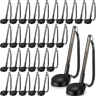 Dunzoom 30 Pack Secure Pen with Adhesive Chain and Security Pen Holder Counter Pen with Pen Chain and Base Black Chain Pen Desk Pen for Home Workplace Office School Supplies