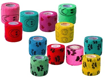Prairie Horse Supply 2 Inch Vet Wrap Tape Bulk (Black, Red, Yellow and Black Paw Prints on Yellow, Red, Teal) (Pack of 24) Self Adhesive Adherent Adhering Flex Bandage Grip Roll for Dog Cat Pet
