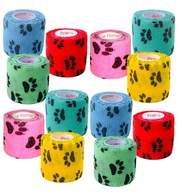 2 Inch Vet Wrap Tape Bulk (Black Paw Prints on Yellow, Red, Teal, Blue, Neon Green, and Neon Pink) (Pack of 24) Self Adhesive Adherent Adhering Flex Bandage Grip Roll for Dog Cat Pet