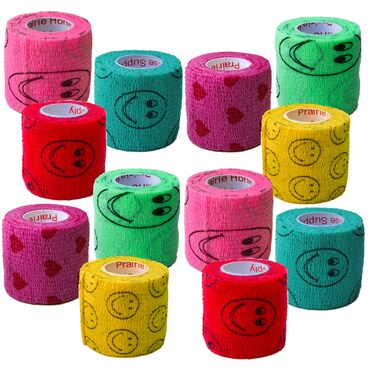 2 Inch Vet Wrap Tape Bulk (Smile Pattern in Yellow, Red, Teal, Neon Green, Neon Pink and Pink with Red Heart Pattern) (Pack of 24) Self Adhesive Adherent Adhering Flex Bandage Grip Roll Dog Cat