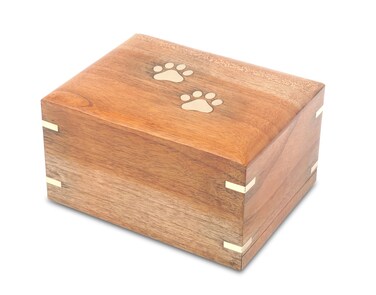 ZIYA Wooden Meduim Cremation Pet Urn for Dog and Cat Ashes Box   Handmade Wood Memorial Pet Urn   Brass Paws Inlaid   Pet Memorial   Funeral Urns Box for Pet Ashes   up to 95 Pounds