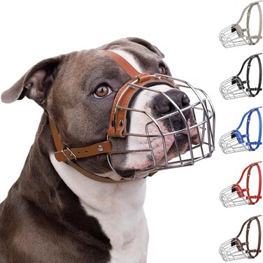 BRONZEDOG Pitbull Dog Muzzle Breathable Metal Basket for Large Dogs Amstaff Staffordshire Terrier Biting Chewing Barking (Leather, Brown)