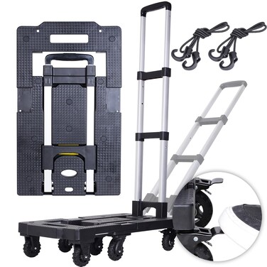 FUVLFAL Upgraded 600LB Heavy Duty Folding Hand Truck Dolly, Light Weight Utility Dolly Platform Cart with 7 Wheels, Brakes, Handle Lock, and 2 Elastic Ropes for Luggage, Moving, Shopping Use