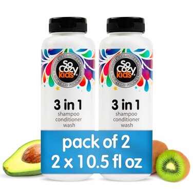 SoCozy 3-in-1 Kids Shampoo + Conditioner + Body Wash (10.5 Fl Oz, 2 Pack) Gentle, Hydrating Hair &amp; Body Cleanser with Keratin, Vitamin B5, &amp; Kiwi Extract, Paraben &amp; Sulfate-Free