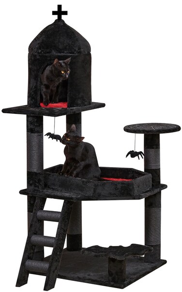 YARUOMY Gothic Cat Tree with Coffin Bed，55" Cat Tower with Spacious Cat Condo，Scratching Posts，Spider Hanging Ball，Multi-Level Cat Activities Furniture for Large Cats, Black Halloween