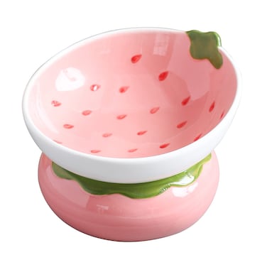 Yeexoxow Ceramic Raised Cat Bowl, Pink Elevated Cat Food Bowl for Indoor Cats, Anti Vomiting &amp; Protect Pet's Spine, Cute Tilted Cat Dish for Flat Faced Cats and Kitten (Strawberry Shaped)
