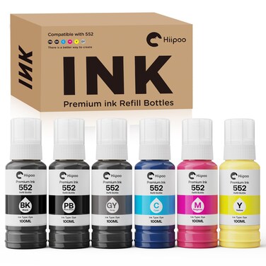Hiipoo 600ML 552 T552 Ink (Not Sublimation Ink) Refill Bottles Replacement for Ecotank Photo ET 8550 ET8550 Printer (6x100ML, BK PB C M Y GY)