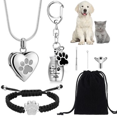 Tondiamo 3 Pcs Pet Cremation Jewelry for Ashes Dog Urns Keychain Cat Heart Urn Necklace Paw Print Bracelet Memorial Keepsake for Ashes with Filling Kit Storage Bag(Silver)