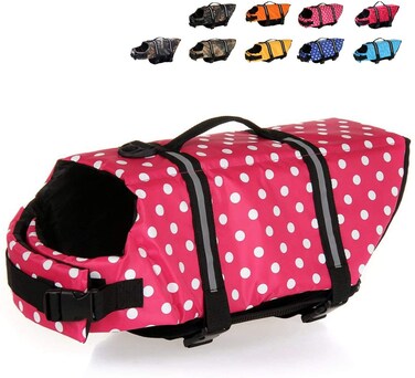 HAOCOO Dog Life Jacket Vest Saver Safety Swimsuit Preserver with Reflective Stripes/Adjustable Belt Dogs(Pink Polka Dot,L)