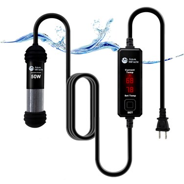 AquaMiracle Upgraded 50W Small Aquarium Heater Fish Tank Heater Turtle Heater Super Mini Aquarium Heater, Dry-Run/Overheating Protection and Memory Function, Dual LED Display, for 5-10 Gal Tanks