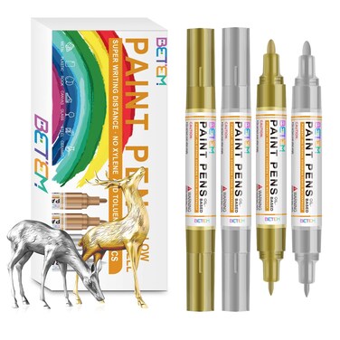 Betem Oil Based Paint Markers, Dual Tip Paint Pens(0.7mm &amp; 3mm), Gold Silver Permanent Paint Marker Pen, Waterproof, Quick Dry, for Fabric, Rock Painting, Wood, Plastic, Metal, Canvas (2Gold2Silver)