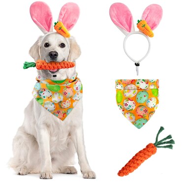 Dog Easter Costume Cute Bunny Ears Headband Easter Eggs Bandana Puppy Funny Rabbit Carrot Chew Toys 3Pcs Easter Party Gifts Medium Large Dog Easter Outfit Clothes Accessories (NO-LED)