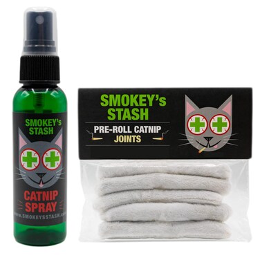Smokey&#39;s Stash Catnip Spray 2 Ounce Bottle with Cat nip Filled Pre Roll Joints for Cats - 5 Joints per Pack