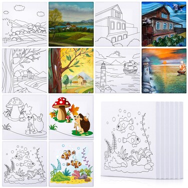 Meanplan 12 Pcs Pre Drawn Canvas for Painting 4 x 4 Inch Pre Drawn Stretched Canvas Painting Boards for Painting Art Gifts for Beginner Paint(Fresh Style)