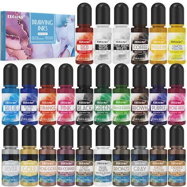 Alcohol Ink Set - 26 Bottles Vibrant Colors Alcohol Inks, High Concentrated Resin Ink, 10 Colors Metallic Alcohol Pigment Resin, Alcohol Based Ink for Epoxy Resin, Fluid Art Painting, Glass - 0.35oz