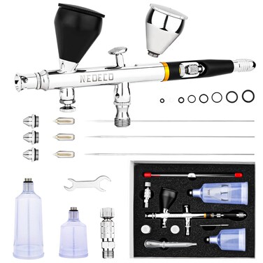 NEOECO SJ83 Airbrush, Self-Centring Plug-in Nozzle，0.2, 0.3 &amp; 0.5mm Nozzle Sets and 1/3 oz Cup, Dual-Action Gravity Feed Airbrush with 1/3 oz,2/3 oz,4/3 oz Replacement Cups (Black)