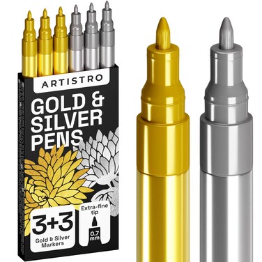 Metallic Acrylic Paint Pens for Rock Painting, Stone, Ceramic, Glass, Wood, Fabric, Canvas, Metal, Scrapbooking (6 Pack) Set of 3 Gold &amp; 3 Silver Acrylic Paint Markers Water-Based Extra-Fine Tip 0.7mm