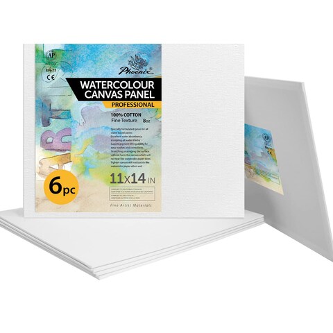 PHOENIX Watercolor Canvas Panels 11x14 Inch, 6 Pack - 8 Oz Triple Primed 100% Cotton Acid Free Canvases for Painting, Blank Flat Canvas Boards for Watercolor, Acrylic, Gouache &amp; Tempera Painting