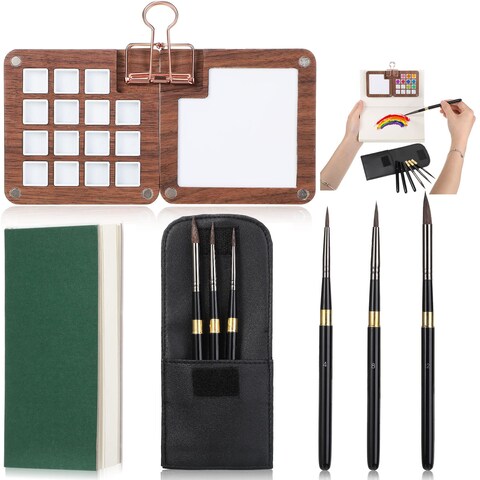 Glenmal 7 Pcs Portable Watercolor Palette with Clip Mini Watercolor Paper Sketchbook Travel Watercolor Brushes Set Wooden Color Palette Box 3 Round Artist Paint Brushes with Protective Case (15 Color)