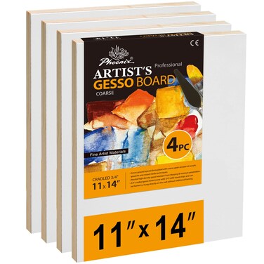 PHOENIX Gesso Boards for Painting - 11x14 Inch / 4 Pack - Coarse Surface 3/4 Inch Cradled Wood Panels for Oil &amp; Acrylic Paints, Crafts &amp; Pouring Art