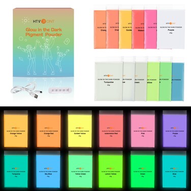 HTVRONT Glow in The Dark Pigment Powder (12 colors, 0.7 oz / 20 g Each), Glow in The Dark Resin Pigment with UV Lamp, Glow in the Dark Mica Powder for Epoxy Resin, Acrylic Nails, Bath Bomb, etc.